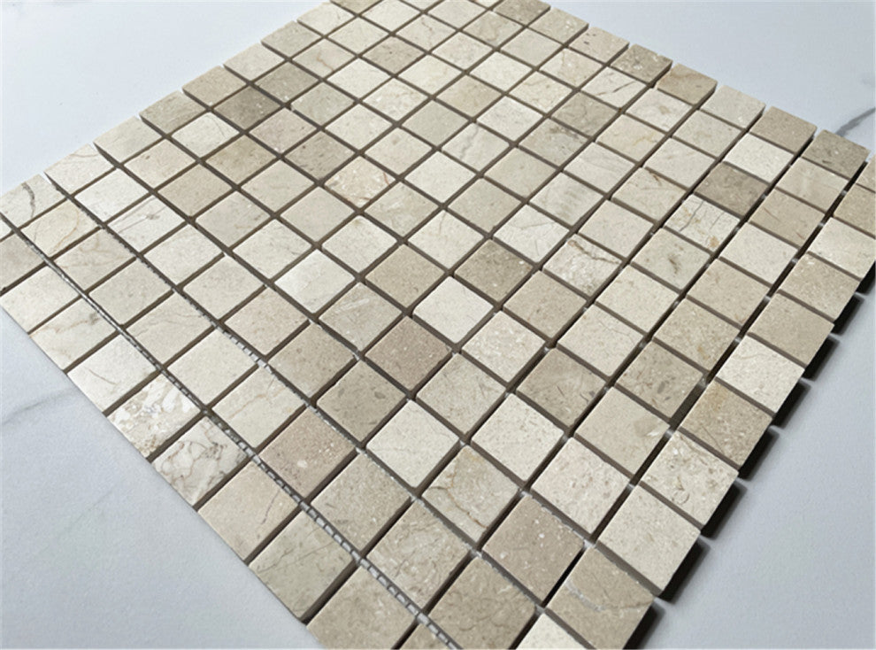 Crema Marfil Marble 1" Grid Square Mosaic Bathroom Beige Tile Polished, 1 sheet