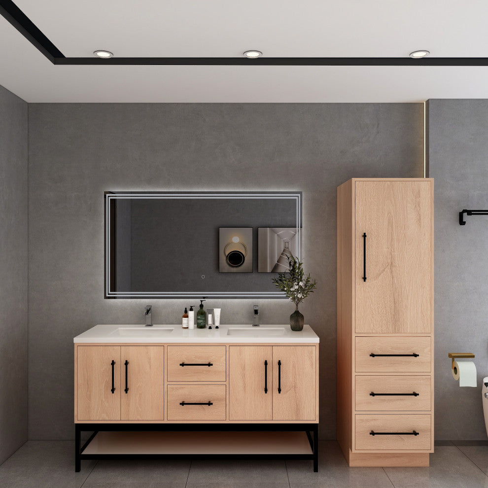 Victoria 60'' Solid Wood Open Shelf Bath Vanity Double Sink, Red Oak