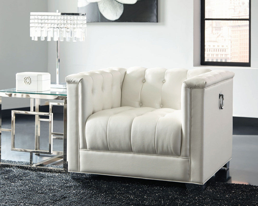 Leatherette Upholstered Chair With Chrome Legs and Button Tufting, Pearl