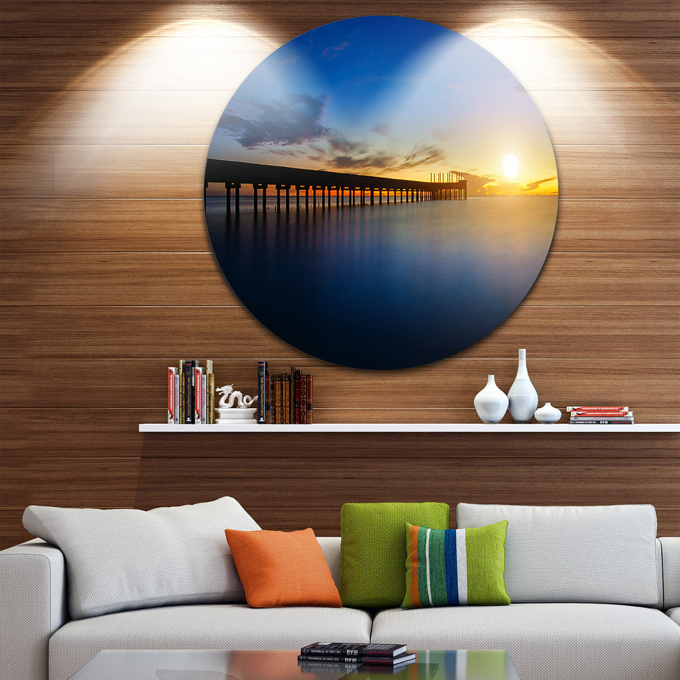Abandoned Piers In The Sea, Seascape Photo Round Wall Art, 23"