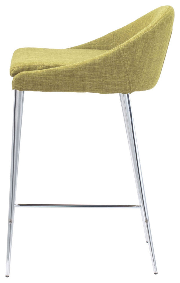 Counter Stool Chair, Set of 2, Steel Metal, Fabric, Pea Green, Chrome