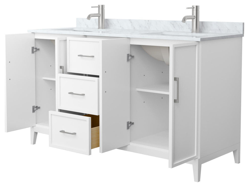 Elan 60" Double Vanity, White, White Carrara Marble Top, Nickel Trim