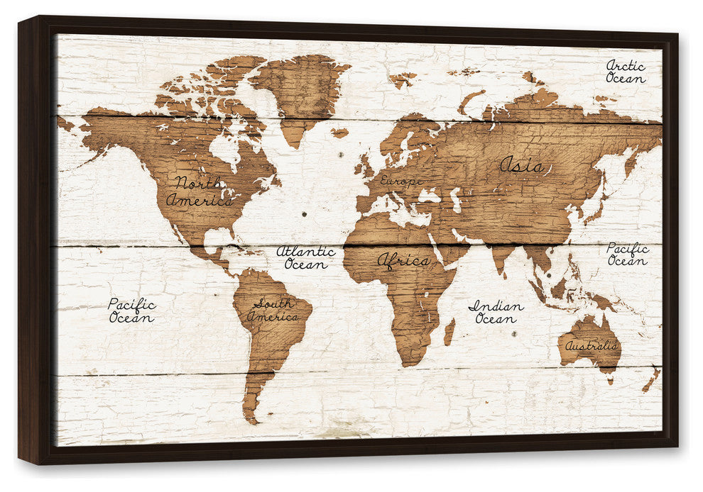 Distressed Wood World Map Walnut Floating Framed Canvas, 20"x30"