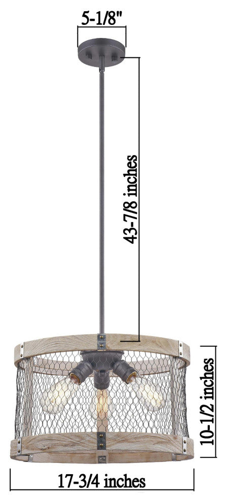 Rustic Wood In Oak Color 3-Light Pendant, No Bulbs