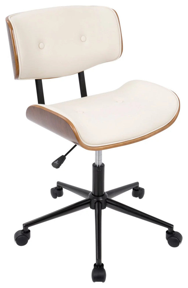 Swivel Office Chair, Curved Seat With Button Tufted Backrest, Walnut/Cream