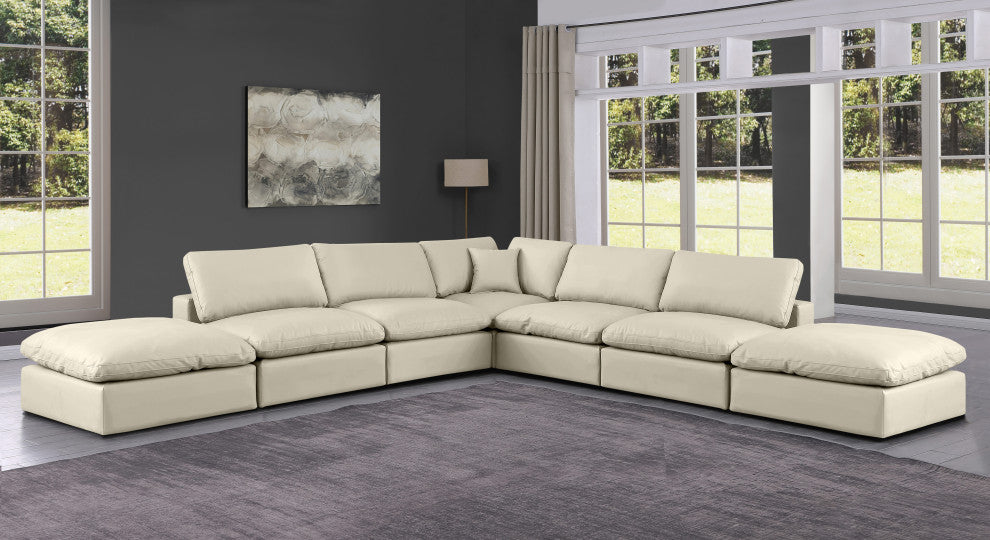 Comfy Upholstered L-Shaped Modular Sectional, Cream, 7-Piece: 4 Armless Chair, 1 Corner Chair, 2 Ottoman, Vegan Leather