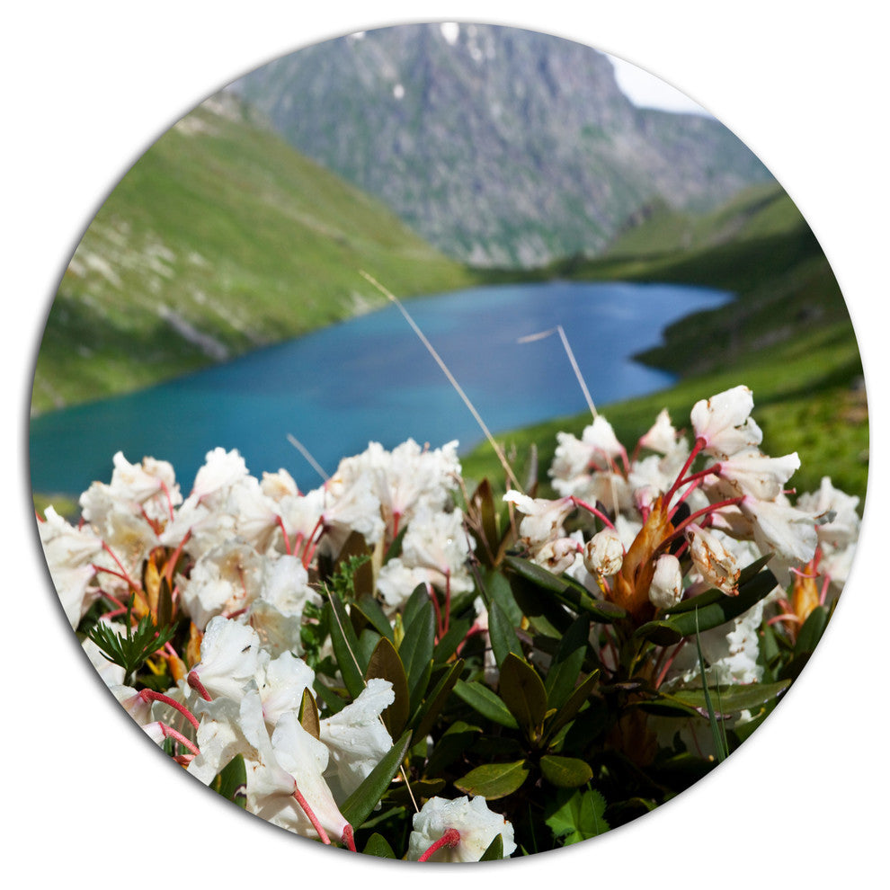 Mountains Lake With White Flowers, Flower Round Wall Art, 23"