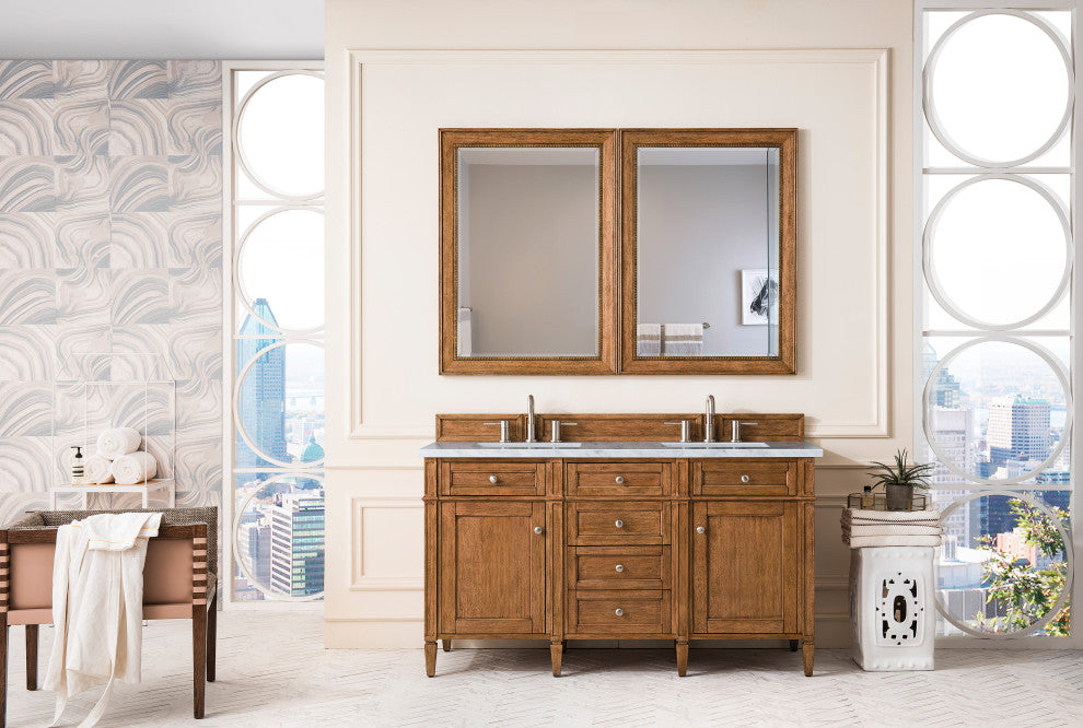 Brittany 60" Saddle Brown Double Vanity, Carrara Marble Top