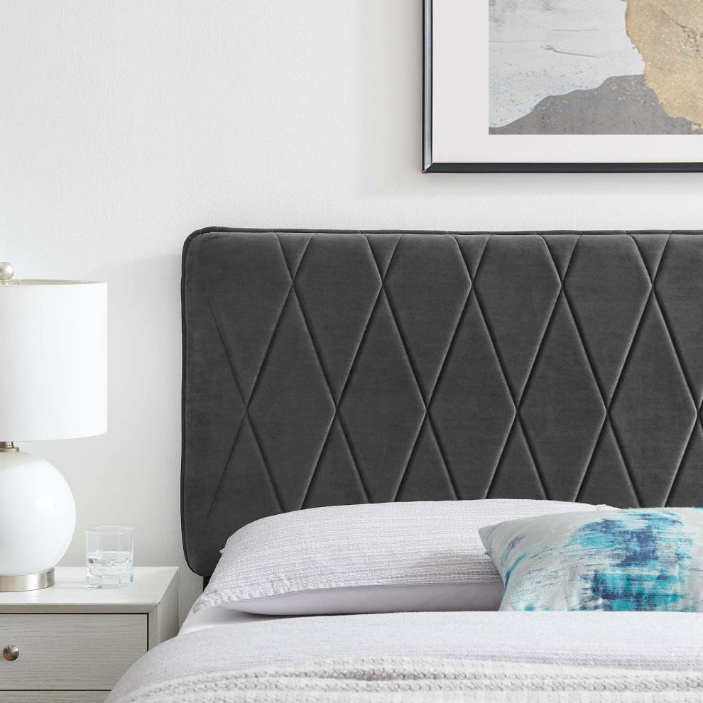 Headboard, King Size, Velvet, Dark Gray, Modern Contemporary, Bedroom