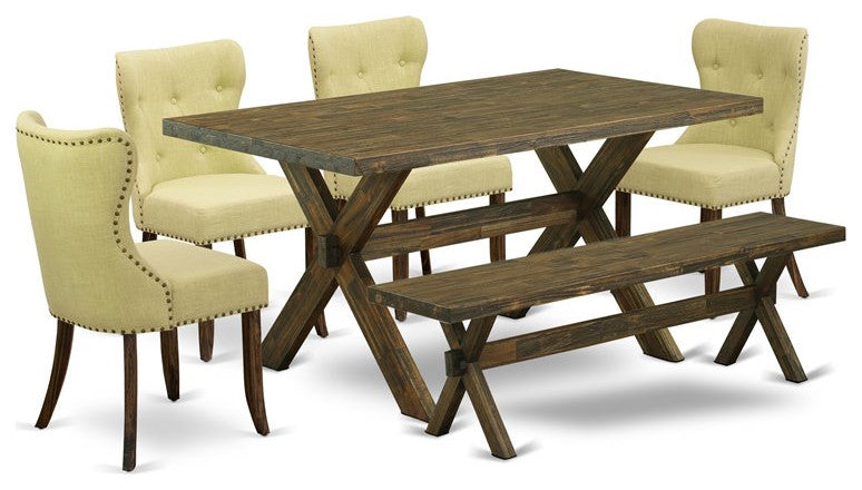 6-Piece Dinette Set, 4 Chairs With Mineral Blue Seat-Top Table and Dining Bench