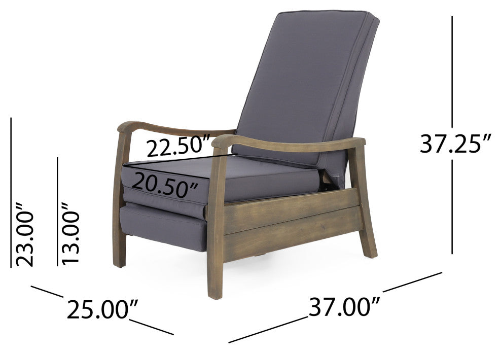 Sadlier Outdoor Acacia Wood Recliner Chair, Cushions, Set of 2, Dark Gray/Gray