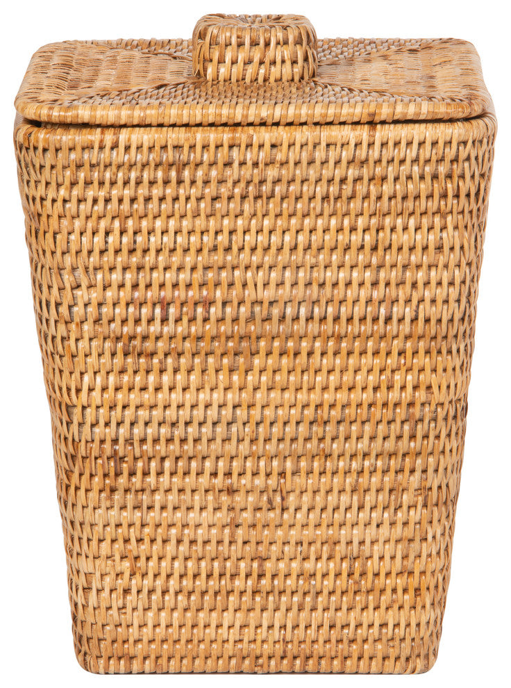Rattan Square Waste Basket, Lid, Plastic Insert, Honey-Brown