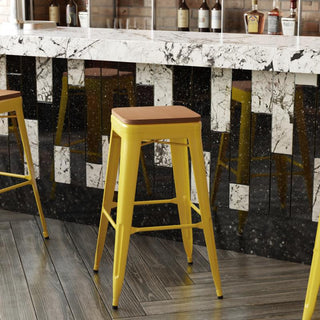 Kai Commercial Grade 30"H Metal Counter Stool, Yellow/Teak