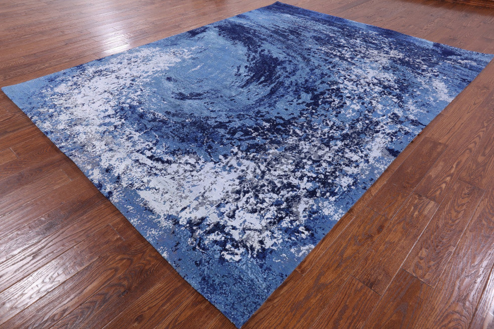 7' 9" X 10' 3" Modern Ocean Design Hand-Knotted Wool and Silk Rug Q7130