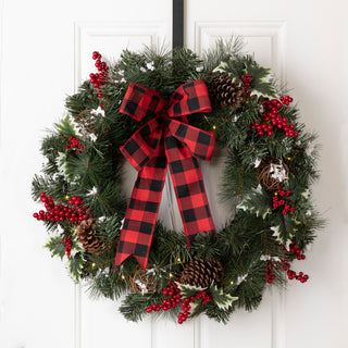 24" LED Pre-Lit Greenery Buffalo Berry Holly Pine cone Rattan Ornament Wreath