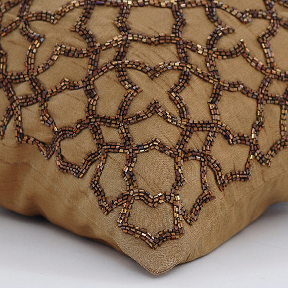 Gold Art Silk 16"x16" Beaded Lattice Trellis Pillow Cover, Gold Celebration