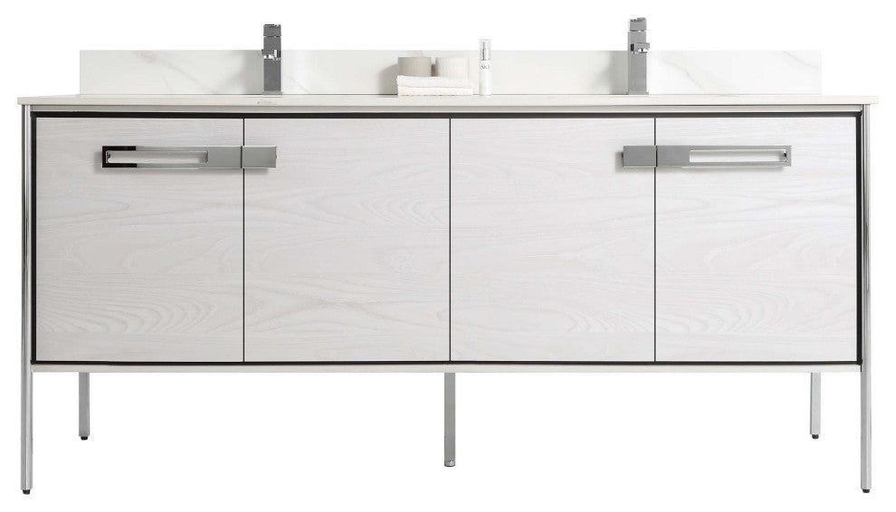 Oakville Bath Vanity, Ceramic Sink, Mild Grey Oak, 72 Inch, Chrome Hardware