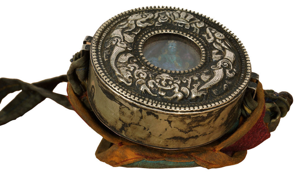 Consigned Antique Tibetan Carved Silver Turquoise Gau Ghau Prayer Box