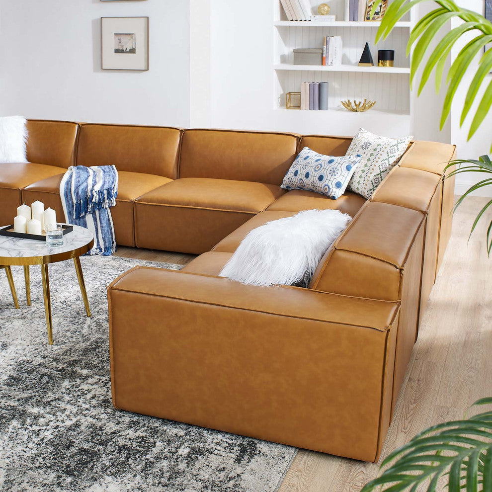 Sectional Sofa Set, Faux Vegan Leather, Tan, Modern, Living Lounge Hospitality