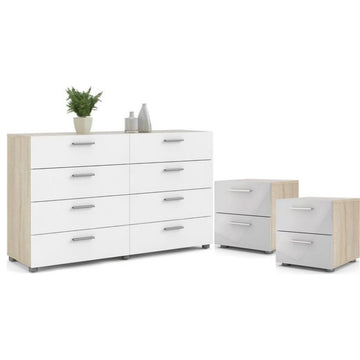 3PC Set Engineered Wood 2 Nightstands and 1 Double Dresser in Oak and White