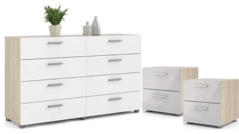 3PC Set Engineered Wood 2 Nightstands and 1 Double Dresser in Oak and White