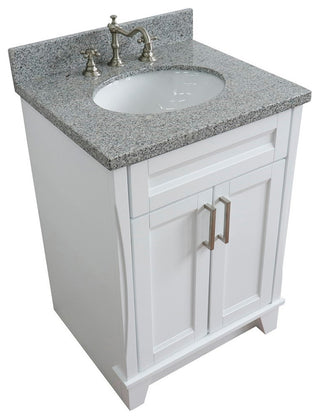 25" Single Sink Vanity, White Finish With Gray Granite And Oval Sink