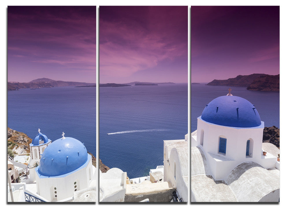 "Blue Domed Churches on Caldera" Metal Wall Art, 3 Panels, 36"x28"