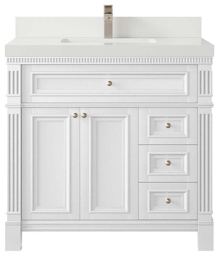 Paris 36" Center Sink Bathroom Vanity, White 2" White Quartz