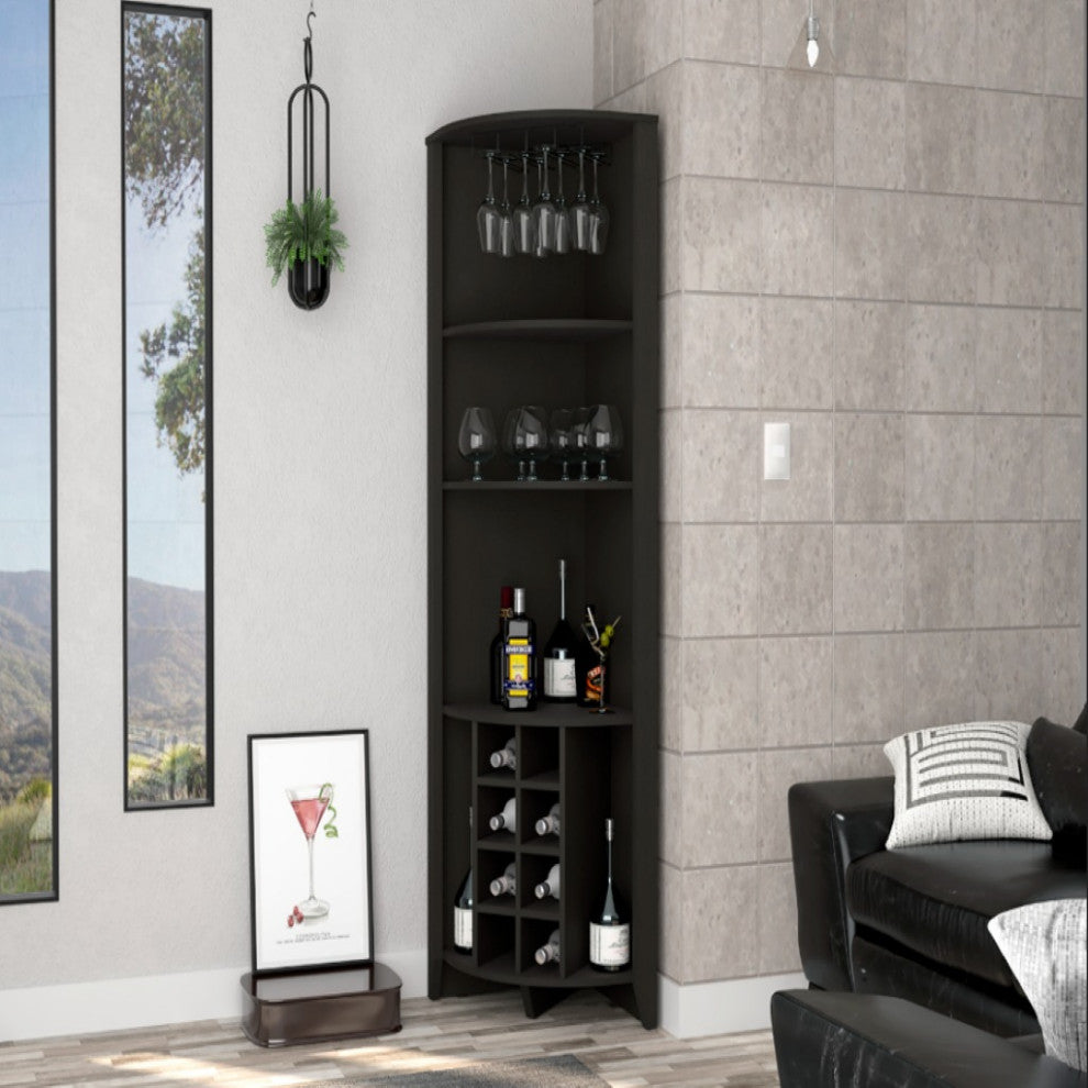 Bouvet Corner Bar Cabinet with 3 Shelves, 8 Wine Cubbies and Cup Rack, Black