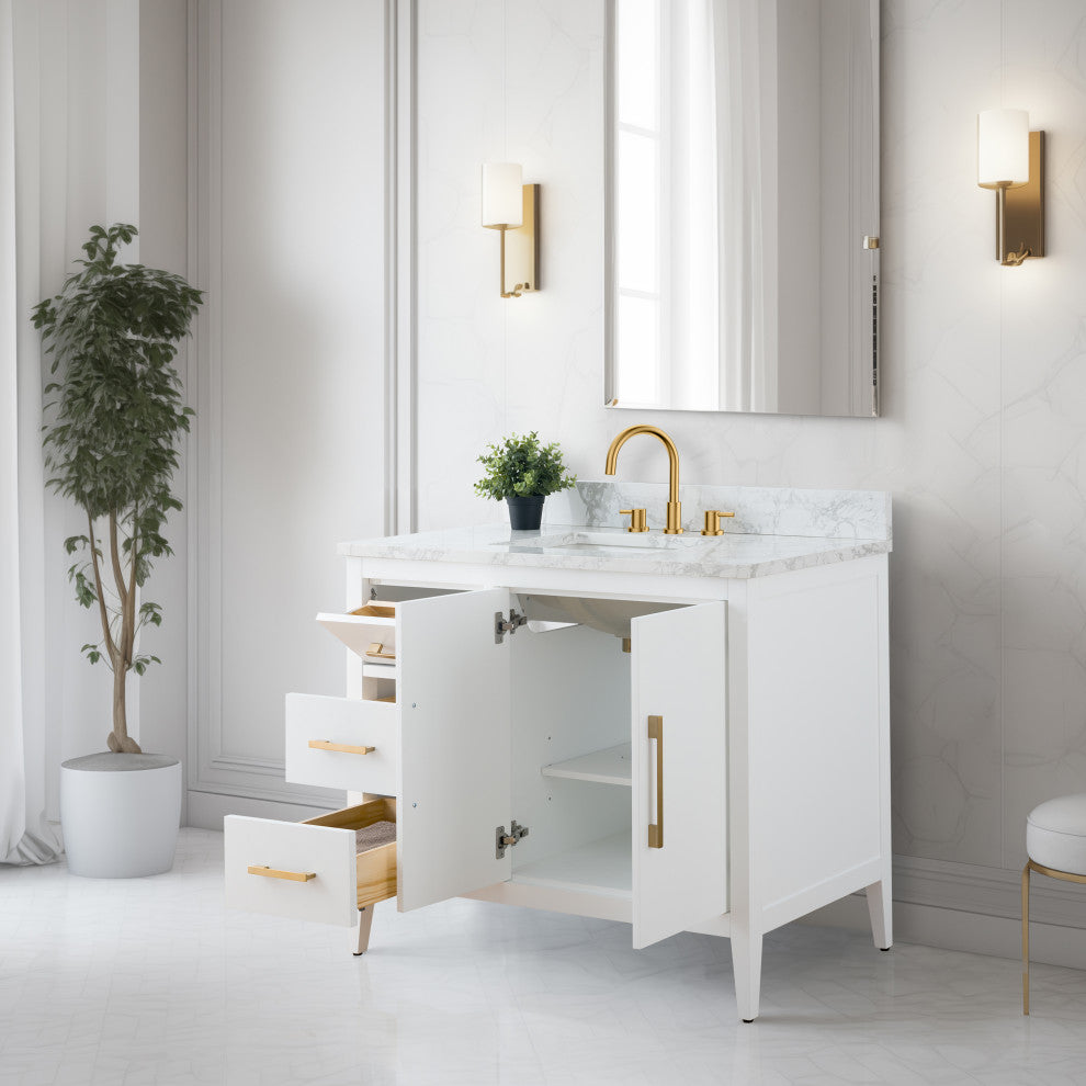 Vanity Art Bathroom Vanity With Sink, White, 42", Single Sink, Golden Brushed