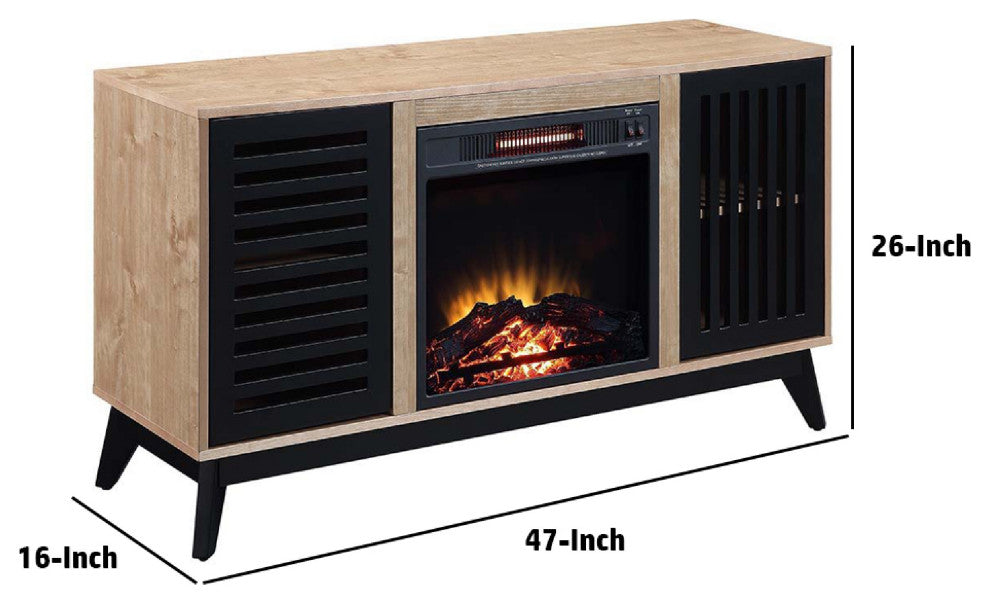 Benzara BM274623 47" Wood Console Table, LED Electric Fireplace, Oak Brown/Black