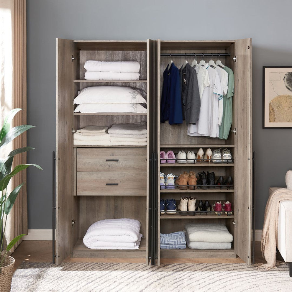 Lee Modern 2-Piece Wardrobe With 1 Rod, 2 Drawers, 3 Shoe Storage & 5 Shelves, Rustic Gray