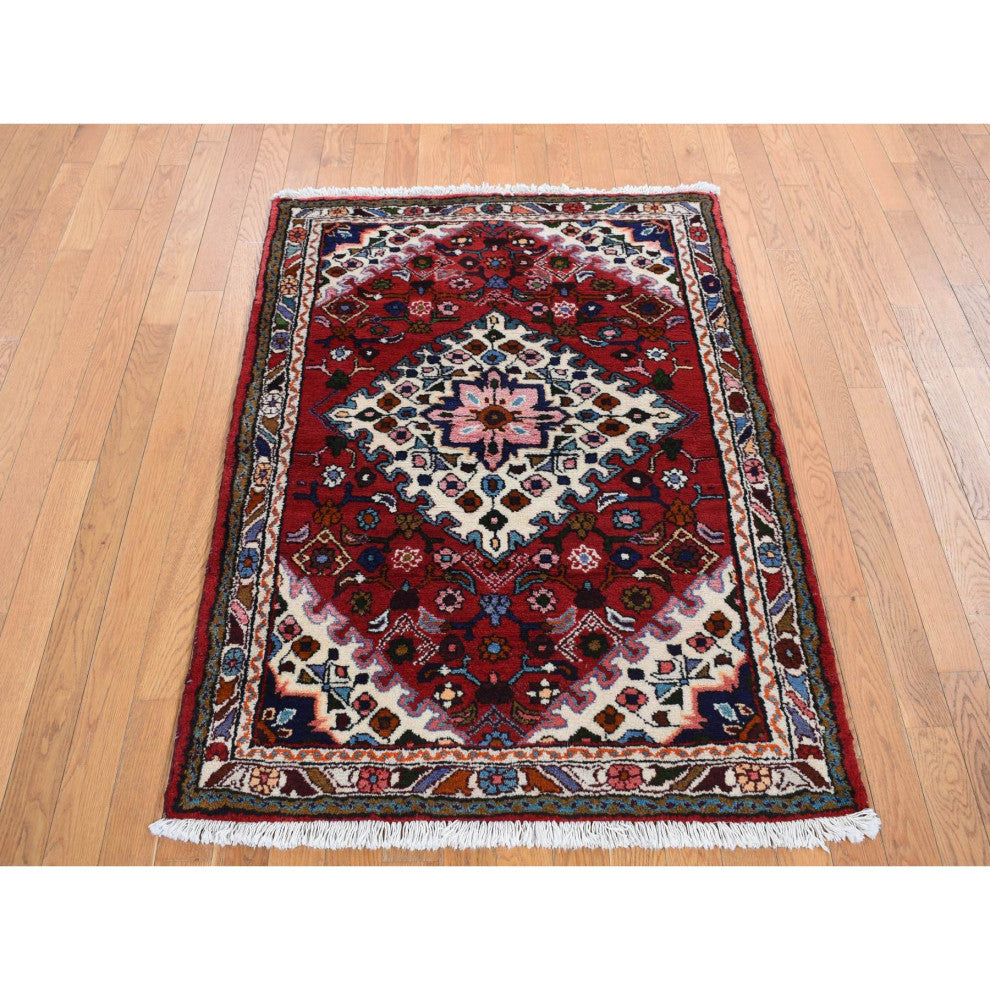 Maroon Red New Persian Bohemian Hamadan Pure Wool Hand Knotted Rug 3'7" x 4'8"