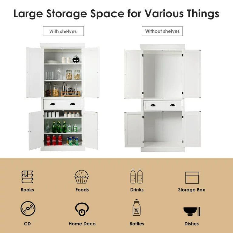 Classic Pantry Cabinet, 2 Large Doors With Drawer & Adjustable Shelves, White
