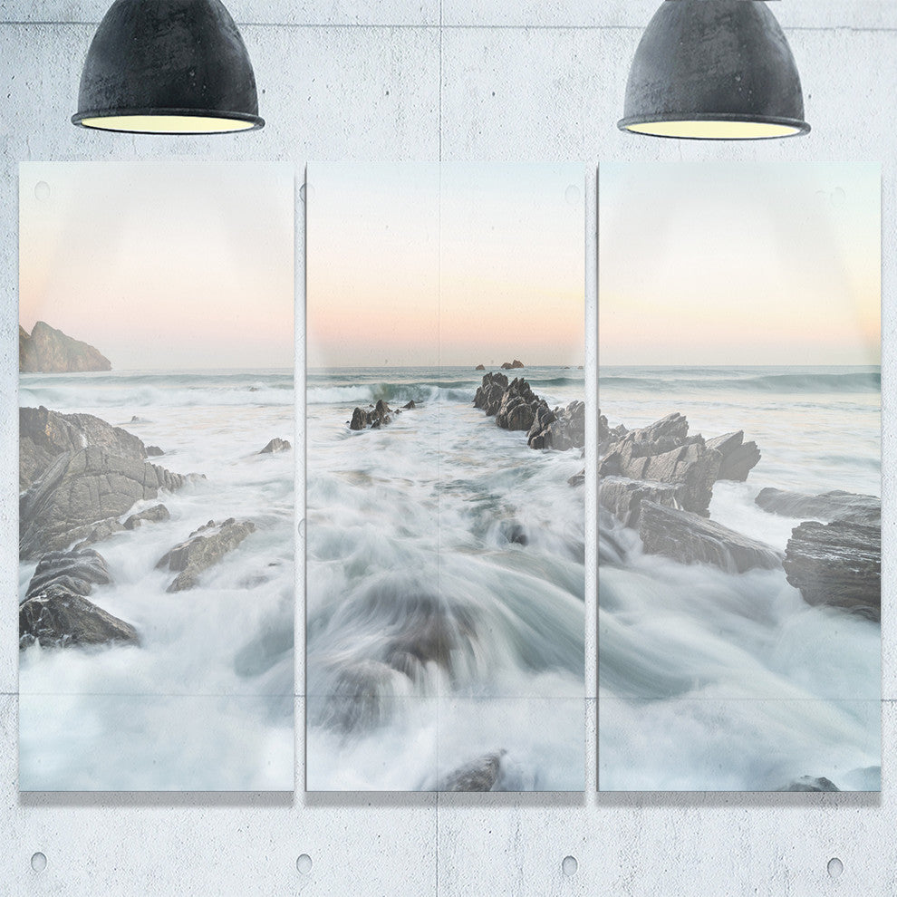 "Waves Hitting Beach at Sunrise Atlantic" Metal Wall Art, 3 Panels, 36"x28"