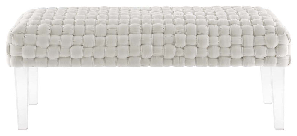 Ottoman Bench, White, Velvet, Modern, Mid Century Hotel Lounge Cafe