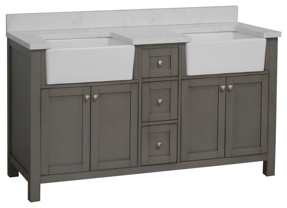 Yorkshire 60" Bathroom Vanity, Weathered Gray, Engineered Marble, Double