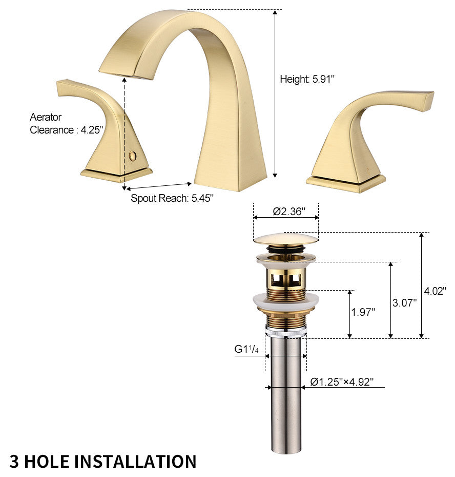 8" Brass Widespread Bathroom Sink Faucet, Brushed Gold