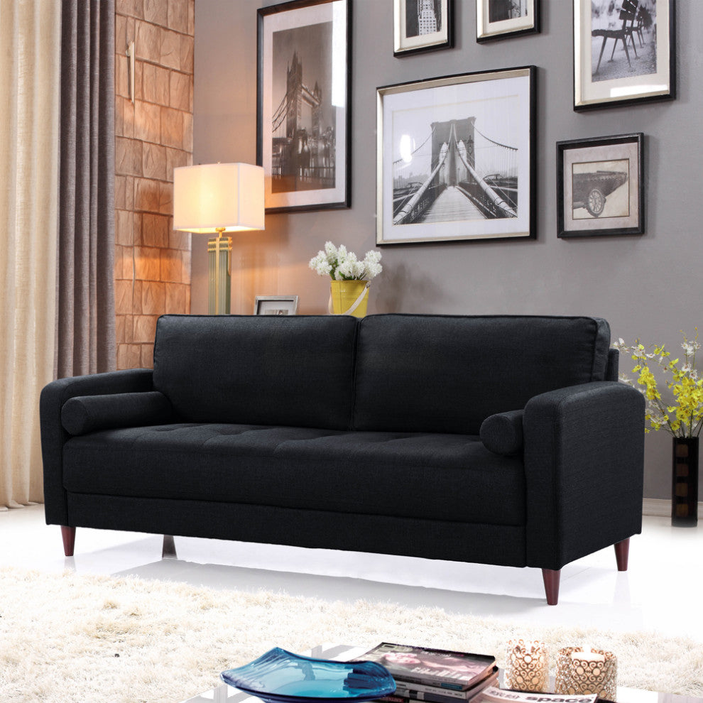 Mid Century Modern Linen Fabric Living Room Sofa, Black
