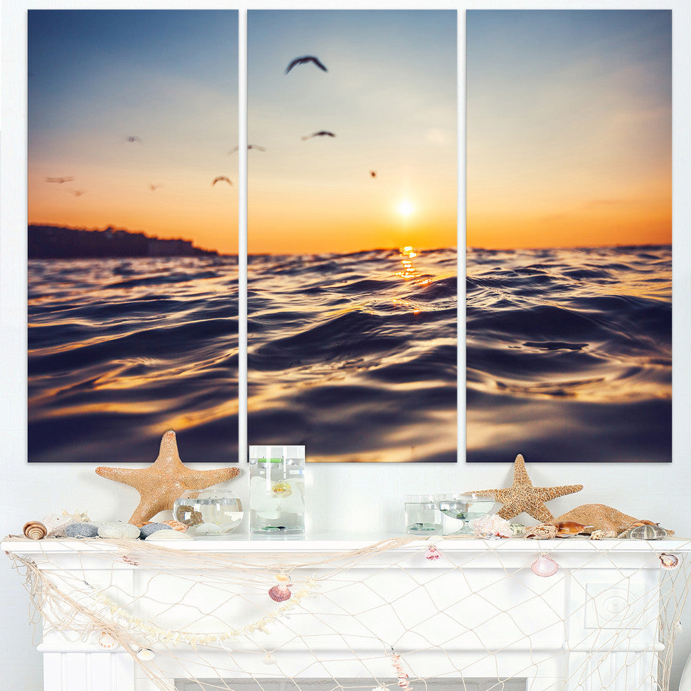 "Orange Tinged Sea Waters at Sunrise" Beach Metal Wall Art, 3 Panels, 36"x28"