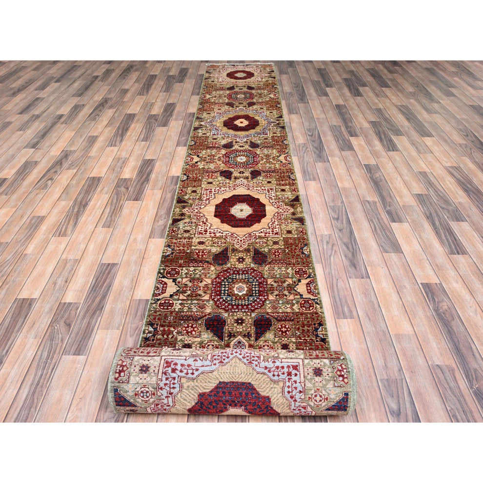 Green, Hand Knotted, Mamluk Design, Pure Wool, XL Runner Rug, 2'4"x24'7"