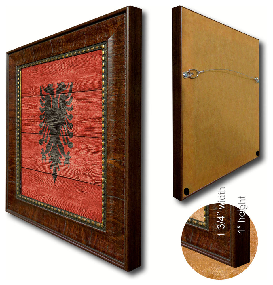 Albania Country Textured Flag Print With Brown Gold Frame, 15"X21"