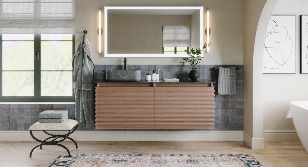 The Accordion Bathroom Vanity, Chestnut Oak, 60", Left Single Sink, Wall Mount