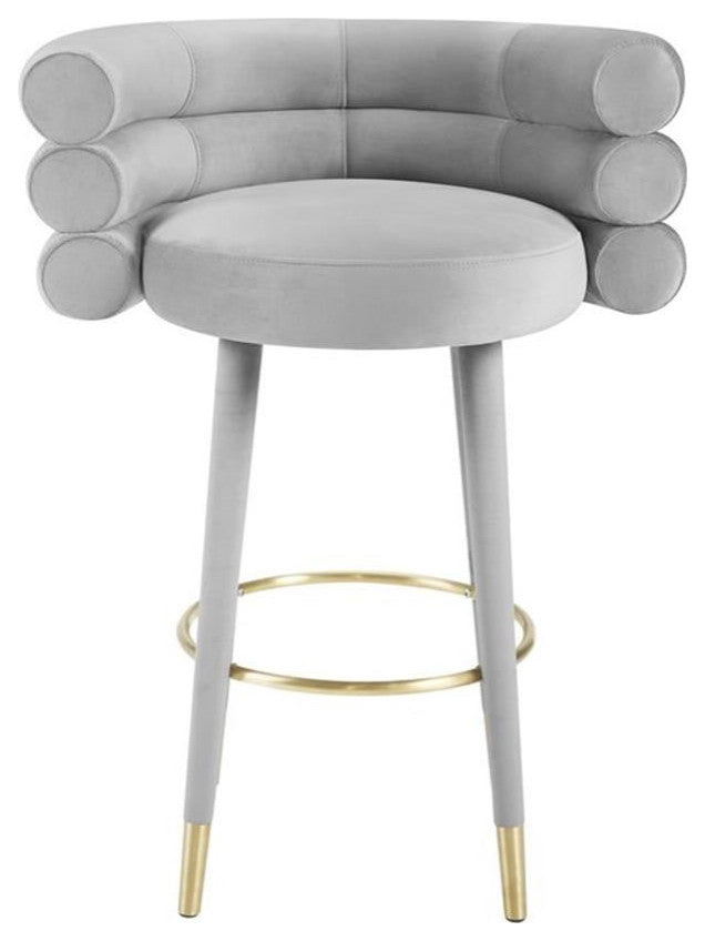 Maklaine 30.3"H Velvet and Plywood Bar Stool in Gray/Gold Finish