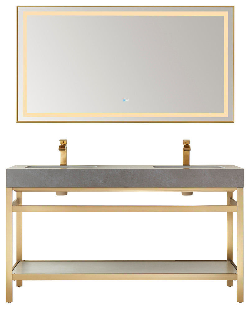 Funes Bath Vanity with Mirror, Brushed Gold Support, 60" Double Sink, Grey Stone Top