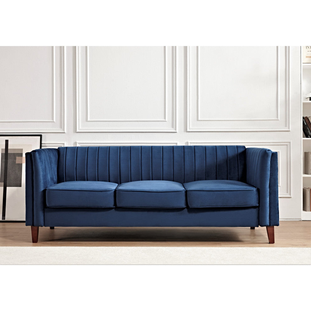 Modern 3 Seater Sofa, Velvet Seat & Vertical Channel Tufted Backrest, Dark Blue
