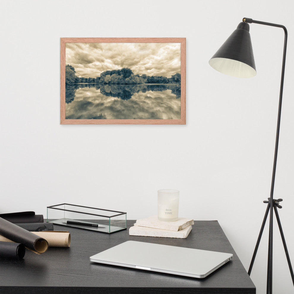 Autumn Reflections Rural Landscape Sepia Framed Photo Paper Wall Art Prints, Red Oak, 12" X 18"