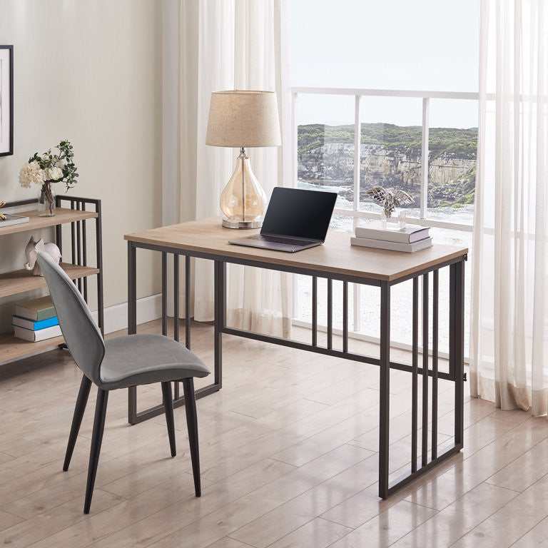 Modern Desk, Metal Frame With Slatted Accent & Collapsible Hinged Top, White Oak