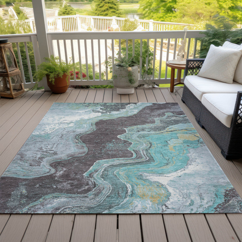 Machine Washable Indoor/Outdoor Chantille ACN1907 Teal 3' x 5' Rug
