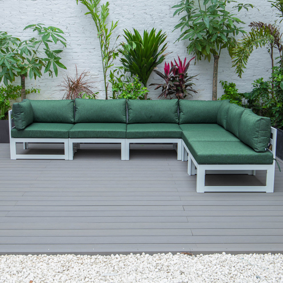 LeisureMod Chelsea 6-Piece Patio Conversation Set, White Aluminum, Green